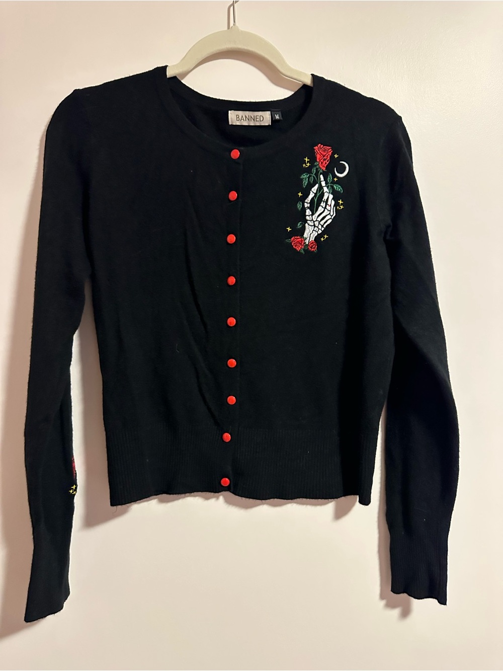 Banned Black Embroidered Skeleton Rose Cardigan Sweater medium
